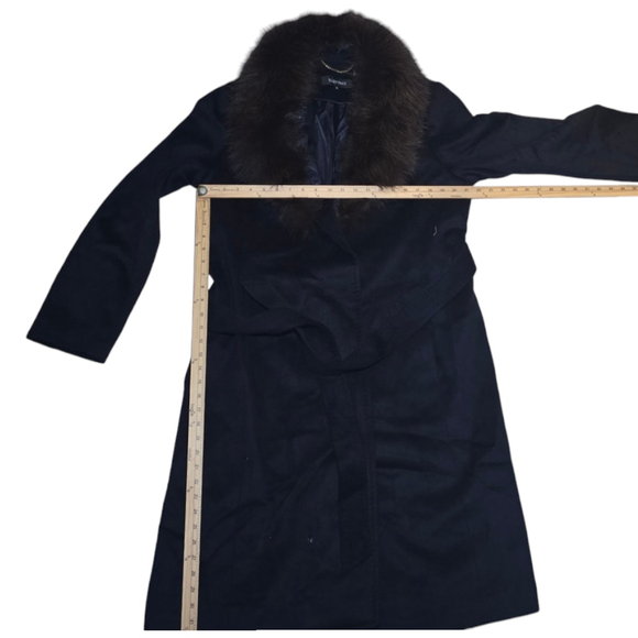 Women's Ellen Tracy Wool Coat, Size 14, Navy Faux Fur, Long, Belt - Picture 5 of 10